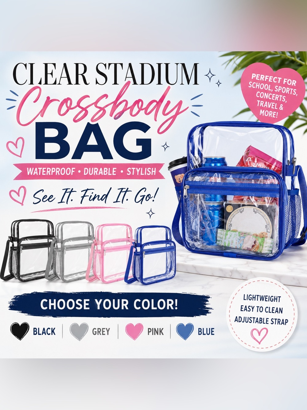 Clear Stadium Crossbody Bag Waterproof PVC – Choice of Black Grey Blue or Pink